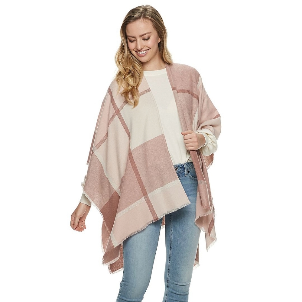 LC Lauren Conrad Blush Checkered Plaid Shawl/Ruana, One Size